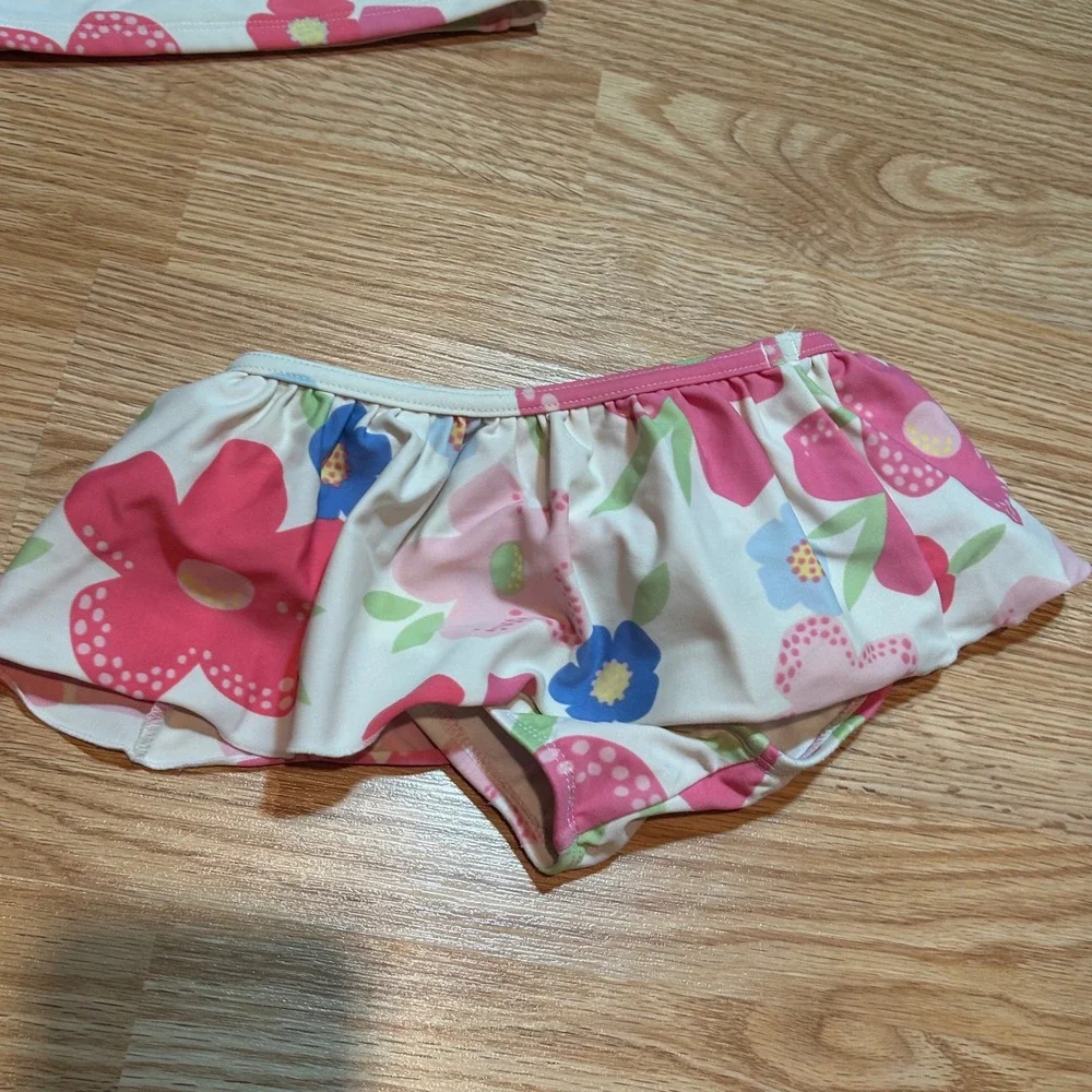 LL Bean Toddler Girls 4T‎ Floral Two Piece Swimsuit Tankini Skirted Pink Blue